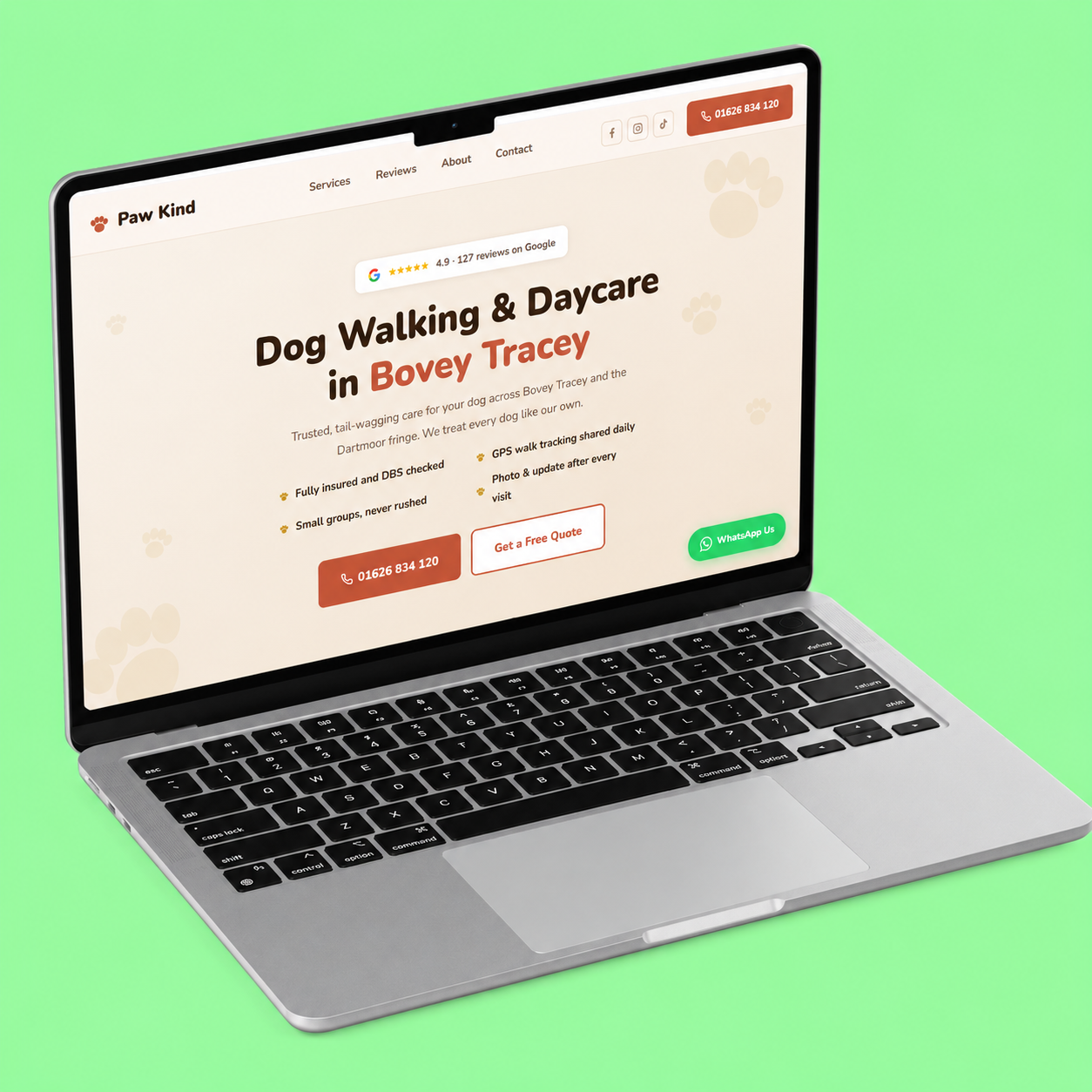 Dog walking and daycare website design mockup for a Bovey Tracey business