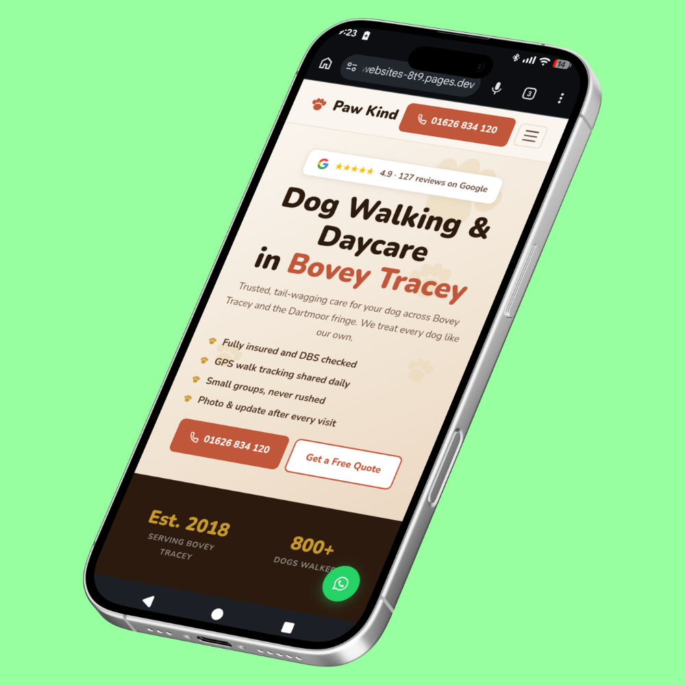 Dog walking website design shown on a mobile device