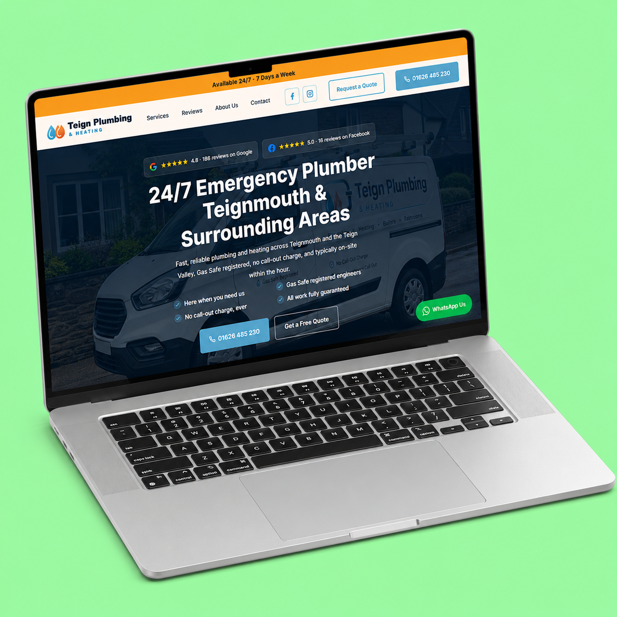 Emergency plumber website design mockup for a Teignmouth business