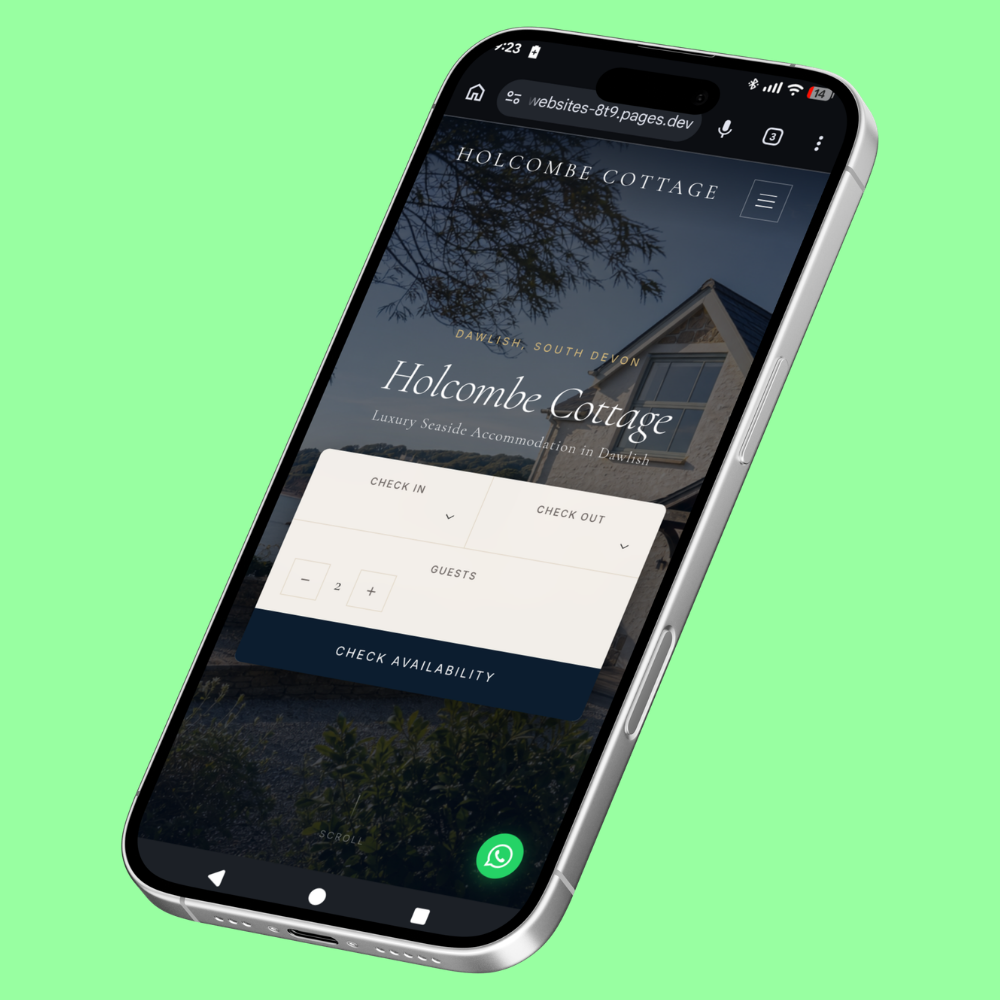Holiday cottage website design shown on a mobile device