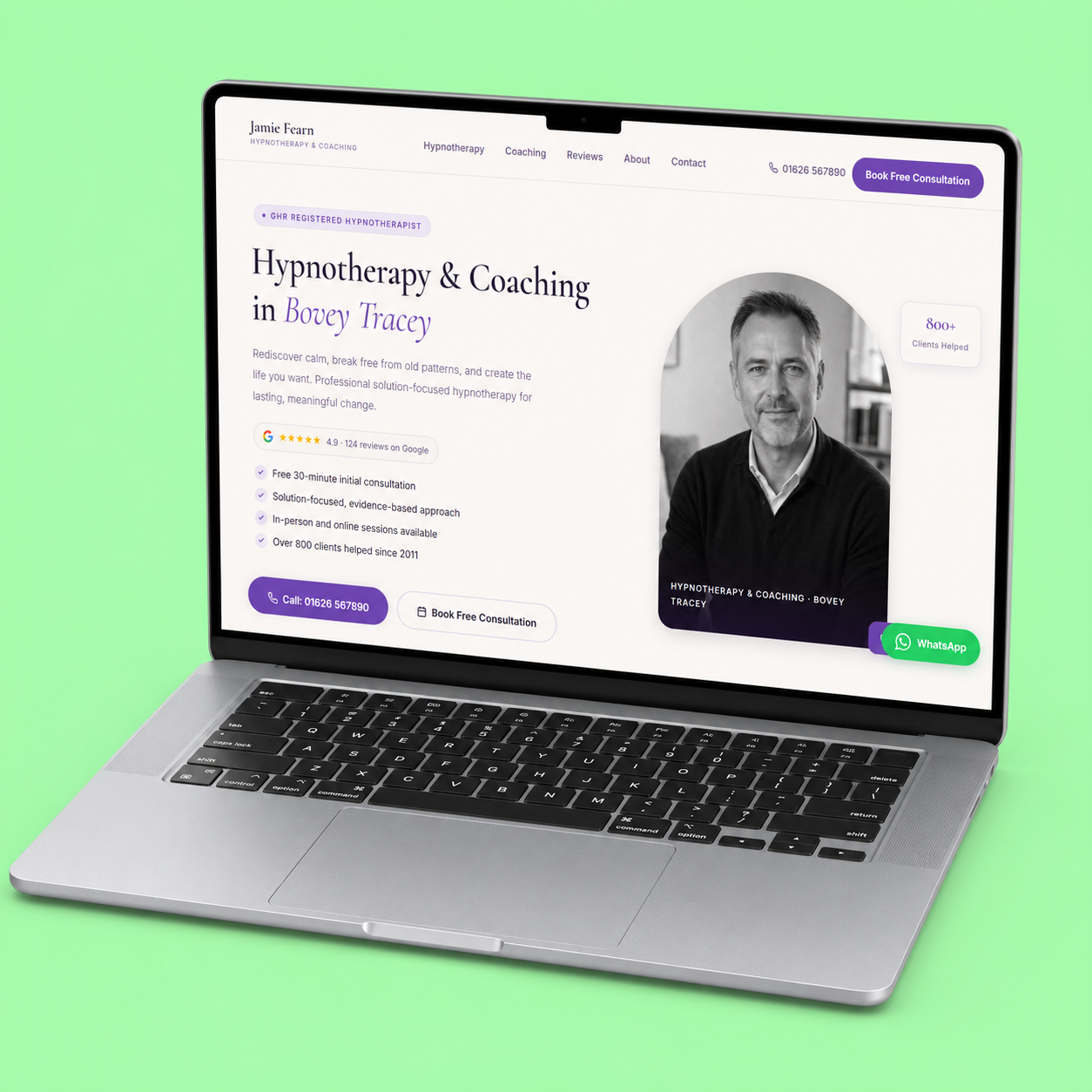 Hypnotherapy and coaching website design mockup for a Bovey Tracey business