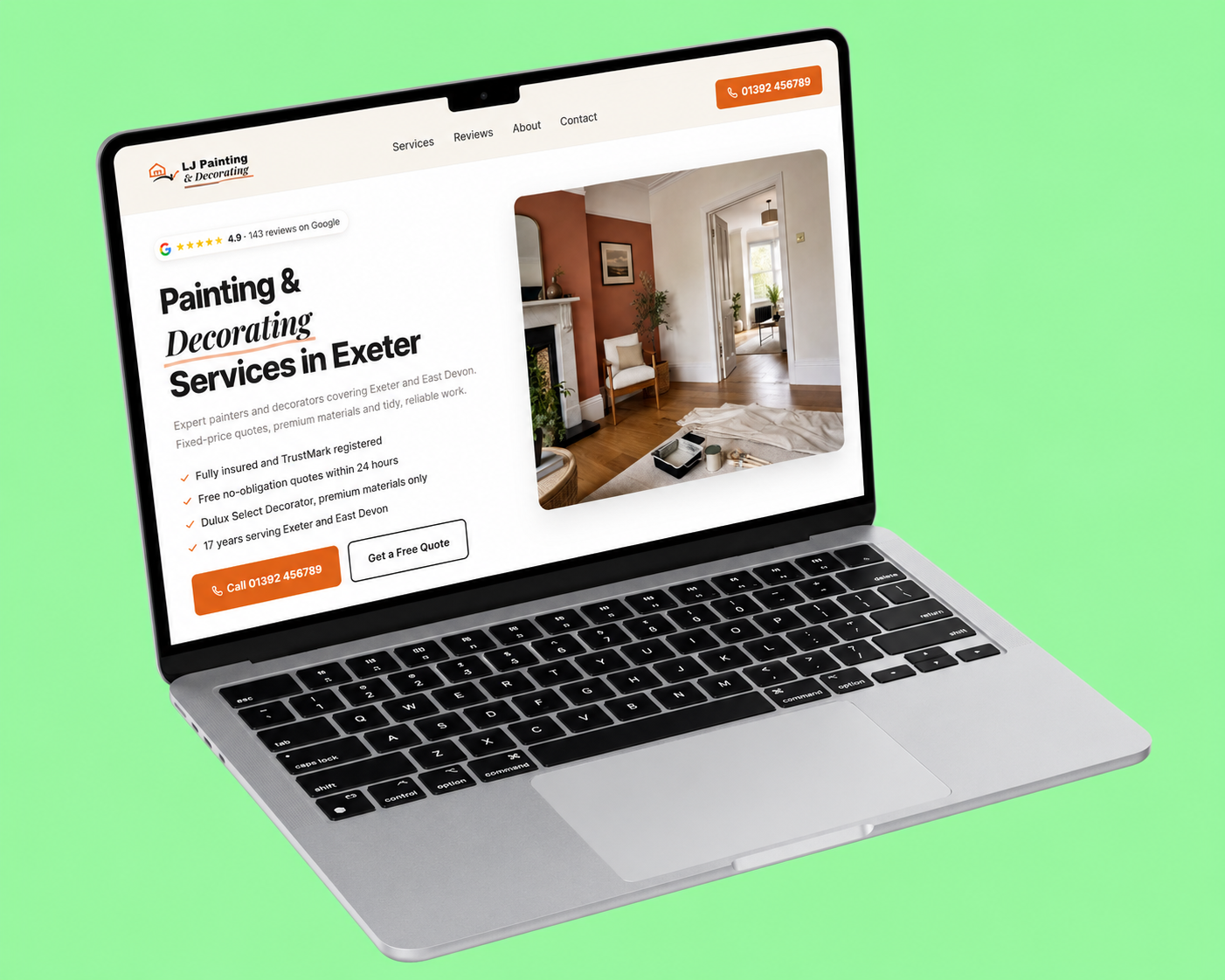 Painting and decorating company website design mockup for an Exeter business