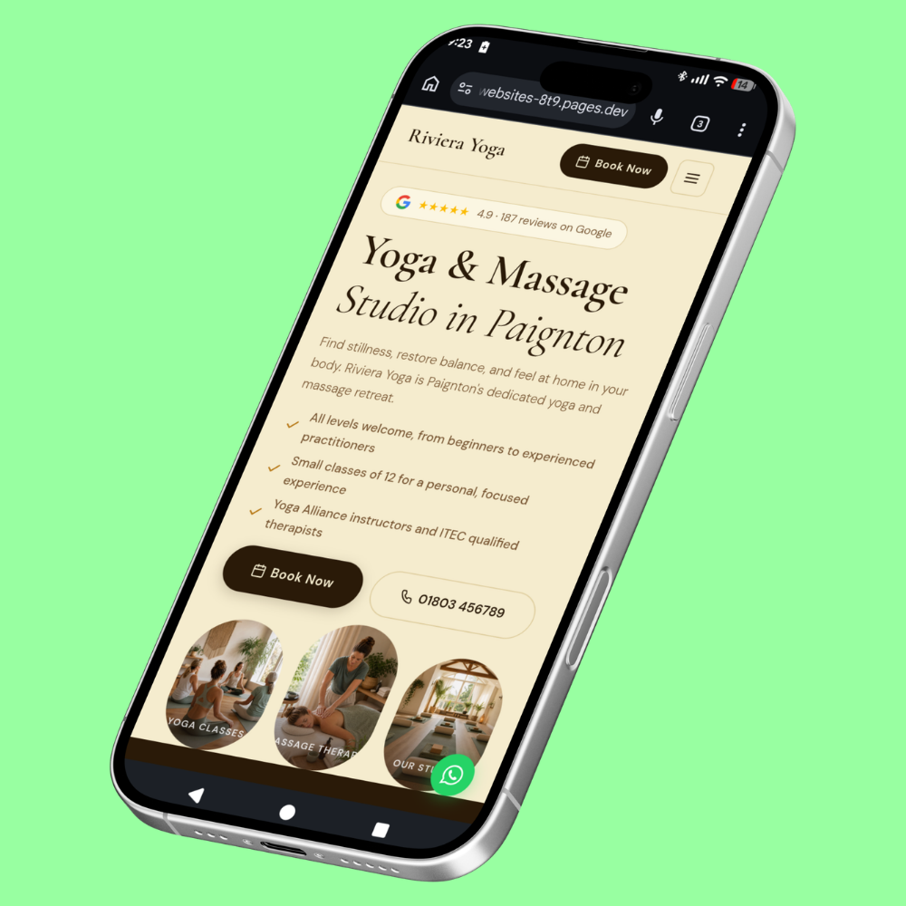 Yoga and massage studio website design shown on a mobile device